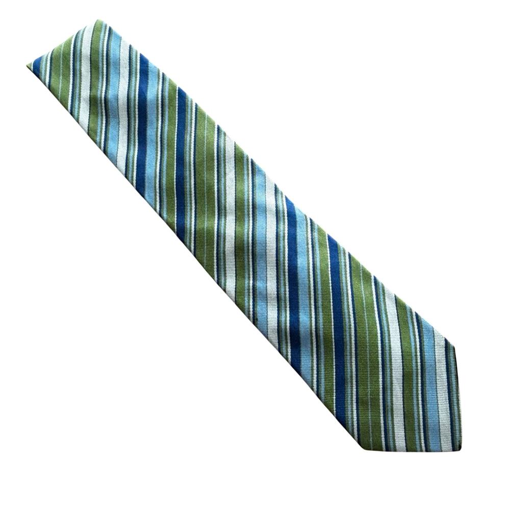 Vintage Burberry London long silk necktie green blue stripe hand made in England - Picture 12 of 13